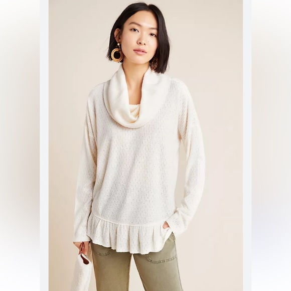 Anthropologie Maeve Addie ruffle Hacci hem cowl neck ecru sweater medium - Picture 1 of 12